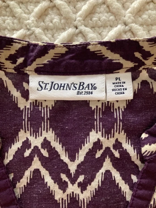 St. John's Bay Purple and Cream Ikat Split-Neck Sleeveless Top - Picture 6 of 9